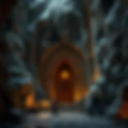 A grand dwarven mine entrance carved into a mountain, showcasing intricate stonework and glowing runes.