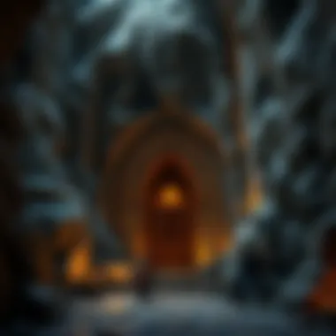 The Majestic Entrance to the Dwarven Mine A grand dwarven mine entrance carved into a mountain, showcasing intricate stonework and glowing runes.