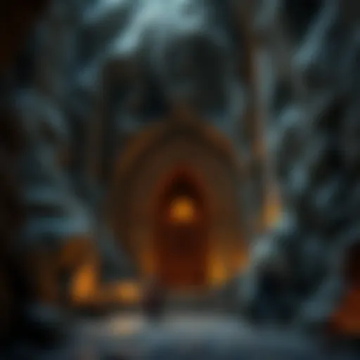 The Majestic Entrance to the Dwarven Mine A grand dwarven mine entrance carved into a mountain, showcasing intricate stonework and glowing runes.