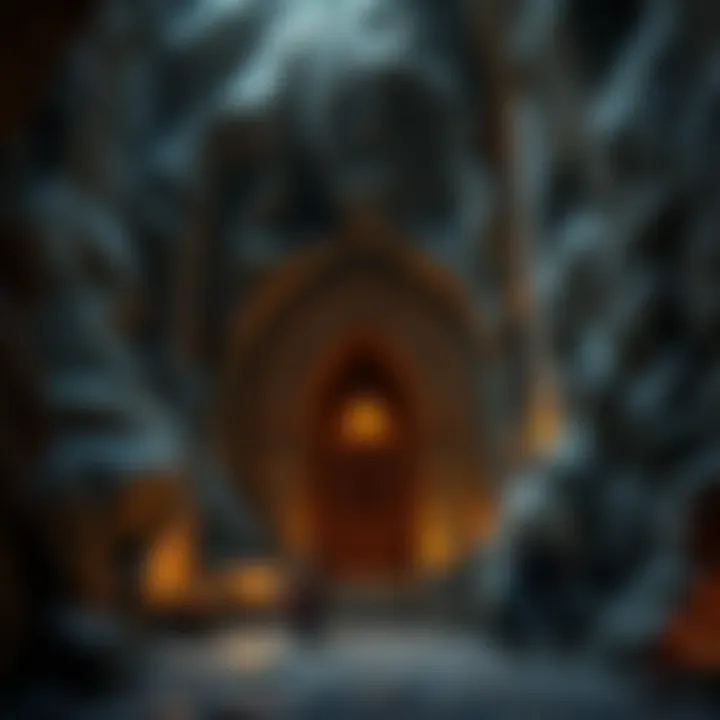 The Majestic Entrance to the Dwarven Mine A grand dwarven mine entrance carved into a mountain, showcasing intricate stonework and glowing runes.