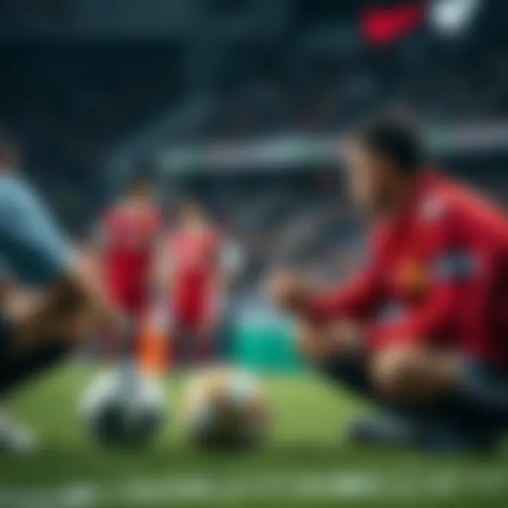 Football game managers strategizing during a match