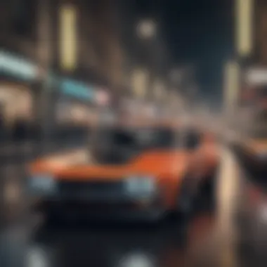 A street racing scene at night with illuminated cars and excited spectators
