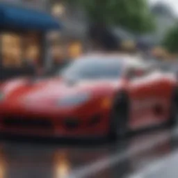 A sleek, modified street racing car showcasing advanced aerodynamics and vibrant paintwork