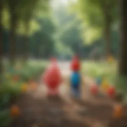 A person walking in a park while using the Pikmin Walking app, surrounded by virtual Pikmin characters.