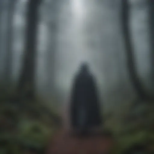 Artistic depiction of a mysterious figure in a cloak walking through a foggy forest