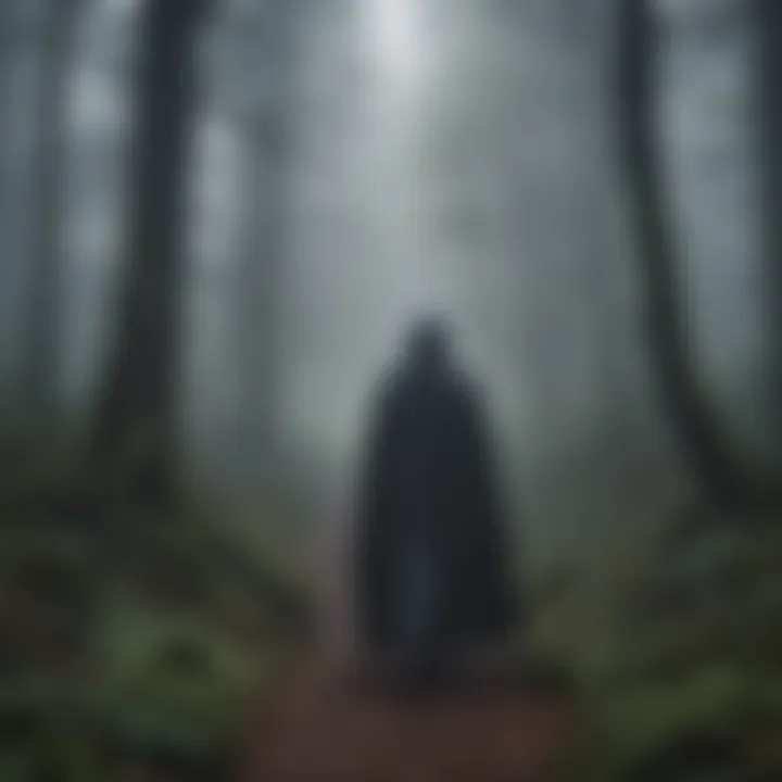 Artistic depiction of a mysterious figure in a cloak walking through a foggy forest