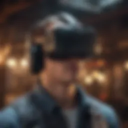 A virtual reality headset displaying a futuristic gaming world