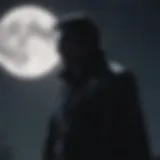 Shadowed vampire silhouette against a full moon