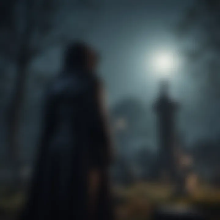 Mysterious cloaked figure in moonlit cemetery