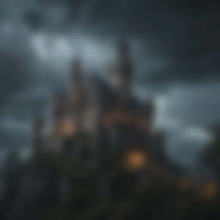 Gothic castle under stormy skies with lightning