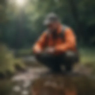 An angler examining a selection of live bait in a natural setting.