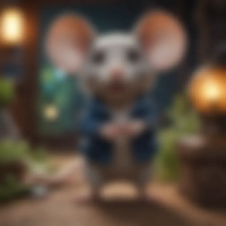 Illustration of a whimsical mouse character in a whimsical point-and-click adventure setting