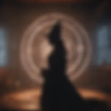 Ethereal silhouette of a witch with glowing runes in the background